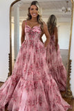Corset Blush Floral A Line Long Prom Dress
