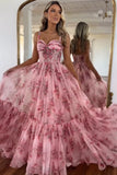 Corset Blush Floral A Line Long Prom Dress