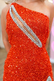 Sparkly One Shoulder Hollow-out Orange Tight Prom Dress with Slit