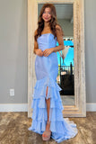 Blue Strapless Mermaid Tiered Prom Dress With Slit