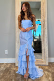 Blue Strapless Mermaid Tiered Prom Dress With Slit