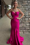 Strapless Hot Pink Mermaid Satin Prom Dress