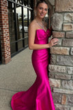 Strapless Hot Pink Mermaid Satin Prom Dress