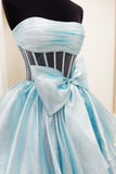 Pink Corset A Line Strapless Tiered Prom Dress with Bow