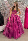 Pink Corset A Line Strapless Tiered Prom Dress with Bow
