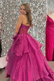 Pink Corset A Line Strapless Tiered Prom Dress with Bow