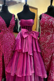 Pink Corset A Line Strapless Tiered Prom Dress with Bow