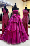 Pink Corset A Line Strapless Tiered Prom Dress with Bow