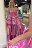 Pink Corset A Line Strapless Tiered Prom Dress with Bow