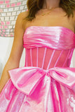 Pink Corset A Line Strapless Tiered Prom Dress with Bow