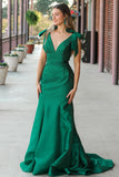Dark Green Beaded Mermaid V Neck Prom Dress
