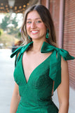 Dark Green Beaded Mermaid V Neck Prom Dress