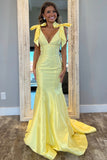 Sparkly Yellow Mermaid V Neck Long Prom Dress