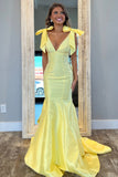 Sparkly Yellow Mermaid V Neck Long Prom Dress