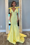 Sparkly Yellow Mermaid V Neck Long Prom Dress