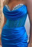 Strapless Sheath Royal Blue Corset Prom Dress with Slit