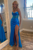 Strapless Sheath Royal Blue Corset Prom Dress with Slit