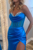 Strapless Sheath Royal Blue Corset Prom Dress with Slit