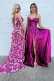 Hot Pink Strapless A Line Pleated Metallic Prom Dress With Slit