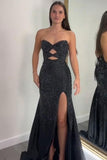 Sparkly Yellow Tight Sweetheart Hollow-out Slit Prom Dress with Beaded
