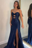 Sparkly Yellow Tight Sweetheart Hollow-out Slit Prom Dress with Beaded