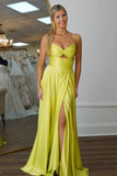 Hollow-out Yellow Tight Spaghetti Straps Prom Dress with Slit