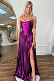 Dark Purple Corset Ruched A-Line Prom Dress with Slit