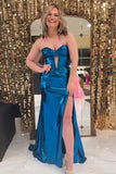Metallic Dark Blue Strapless Mermaid Prom Dress
