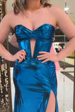 Metallic Dark Blue Strapless Mermaid Prom Dress