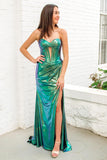 Green Metallic Pleated Corset Tight Hollow-out Prom Dress with Slit