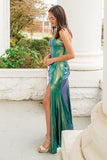 Green Metallic Pleated Corset Tight Hollow-out Prom Dress with Slit