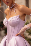 Lilac Beaded Corset A Line Strapless Prom Dress with Slit