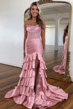 Blush Corset Tiered Pleated Strapless Prom Dress with Slit