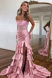 Blush Corset Tiered Pleated Strapless Prom Dress with Slit