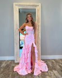 Blush Corset Tiered Pleated Strapless Prom Dress with Slit