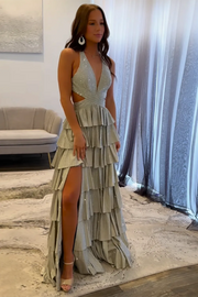 Sparkly V Neck Tiered Hollow-out Grey Beaded Prom Dress with Slit