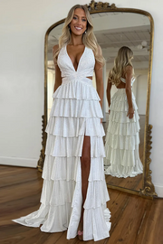 Sparkly White Tiered Hollow-out V Neck Prom Dress with Slit