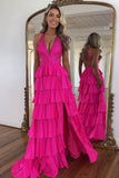 Sparkly Fuchsia Hollow-out V Neck Tiered Prom Dress with Slit