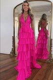 Sparkly Fuchsia Hollow-out V Neck Tiered Prom Dress with Slit