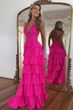 Sparkly Fuchsia Hollow-out V Neck Tiered Prom Dress with Slit