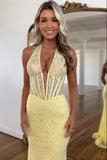 Yellow Mermaid Halter Appliques Corset Prom Dress