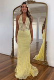 Yellow Mermaid Halter Appliques Corset Prom Dress