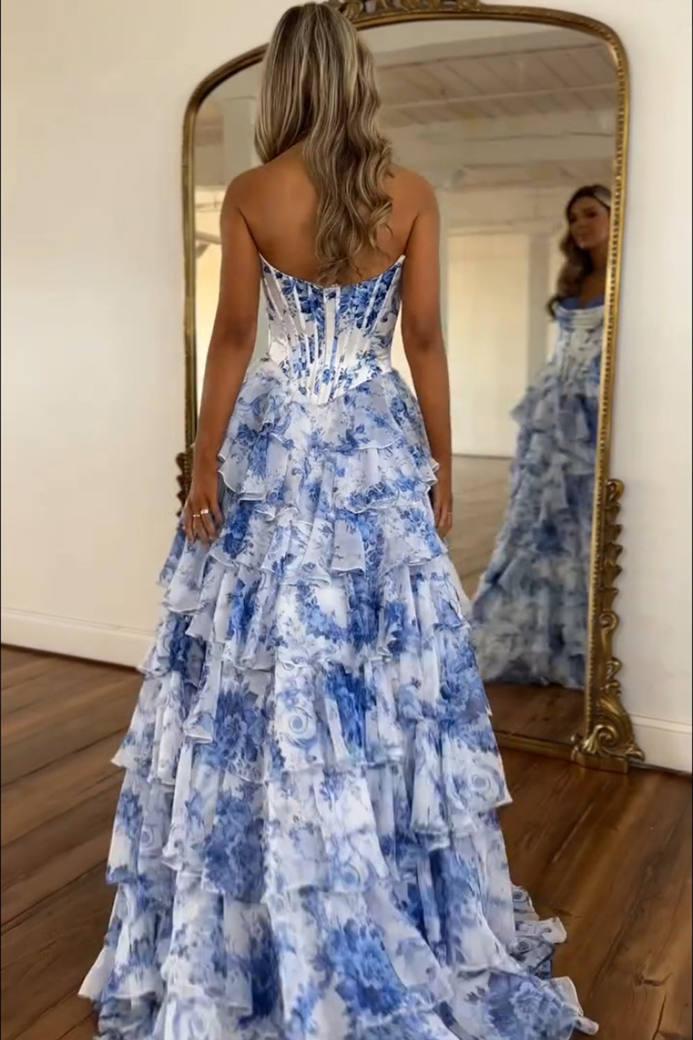 blue floral corset prom dress Andrea & Leo Couture A1029 Corset Strapless Floral Applique Blue Evening Gown 2 / Haze Blue (LightBlue)