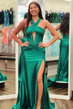 Dark Green Halter Corset Mermaid Hollow-out Prom Dress with Slit
