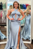 Dark Green Halter Corset Mermaid Hollow-out Prom Dress with Slit