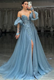 Sparkly Grey Blue Appliqued Tulle Prom Dress with Slit
