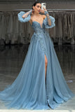 Sparkly Grey Blue Appliqued Tulle Prom Dress with Slit