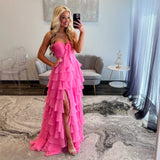 Fuchsia Tiered Bow Pleated Chiffon Strapless Prom Dress with Slit
