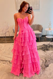 Fuchsia Tiered Bow Pleated Chiffon Strapless Prom Dress with Slit