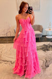 Fuchsia Tiered Bow Pleated Chiffon Strapless Prom Dress with Slit